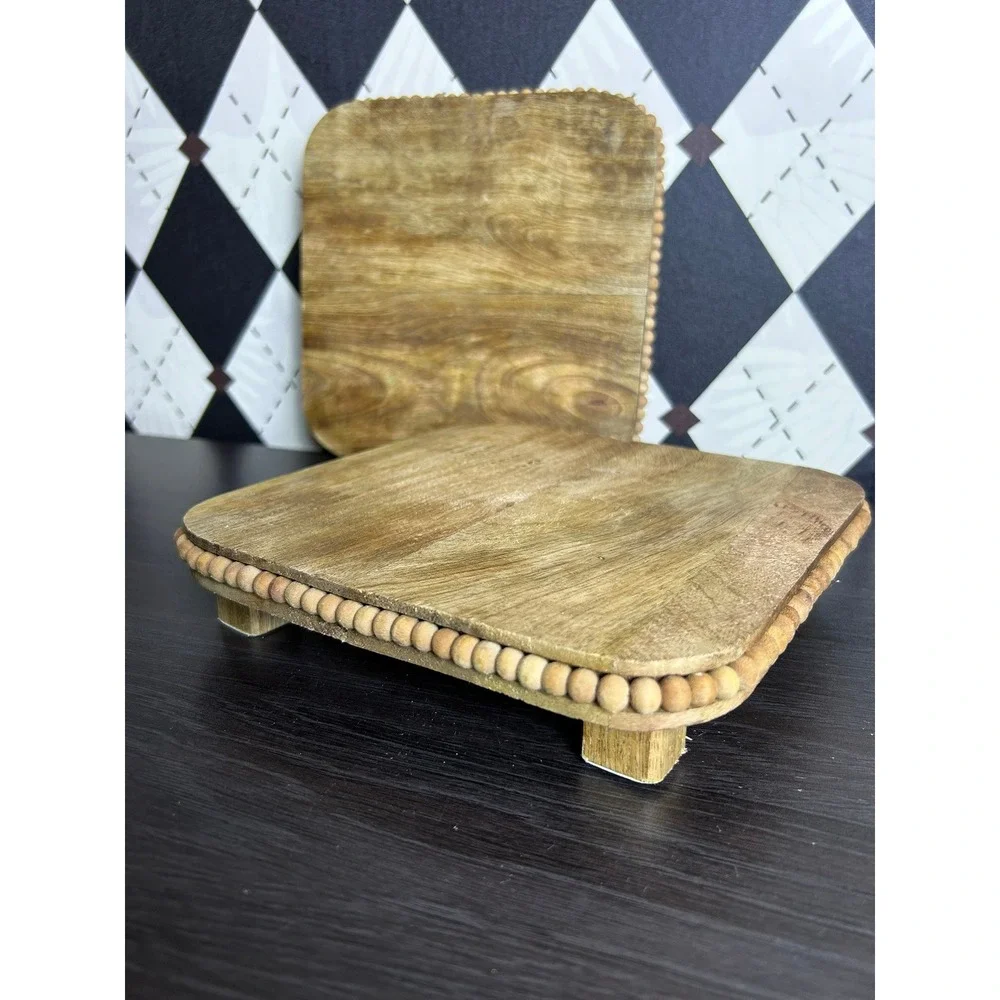 Pair Mango Wood Pedestal Risers with Beaded Edge Decorative Trivets
